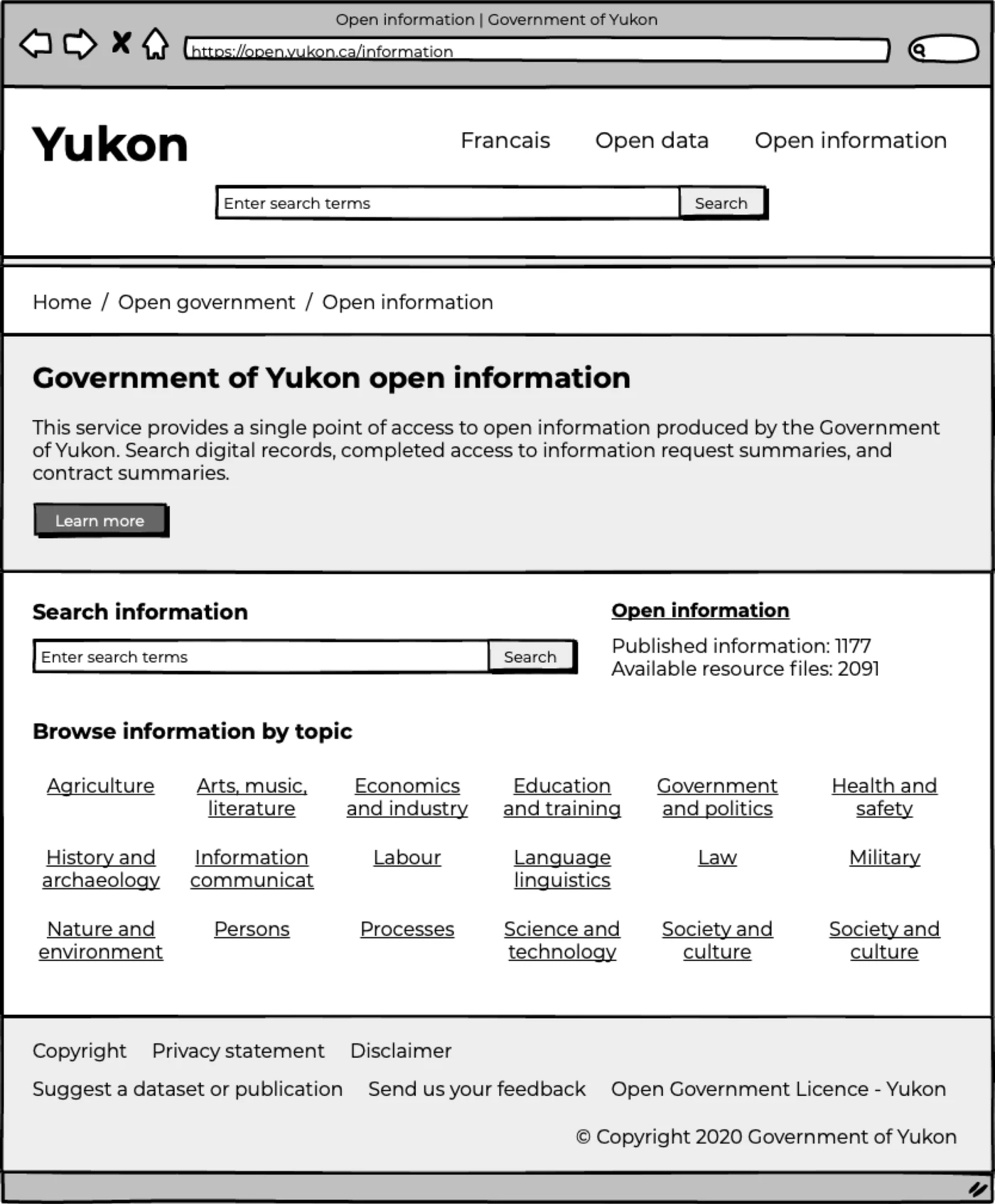 Open information website services wireframe home